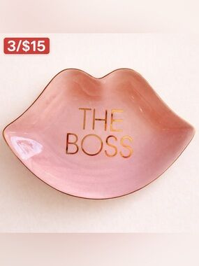 Pink Lips Ring Dish “The Boss” Gold Jewelry Holder Trinket Dish Vanity Decor